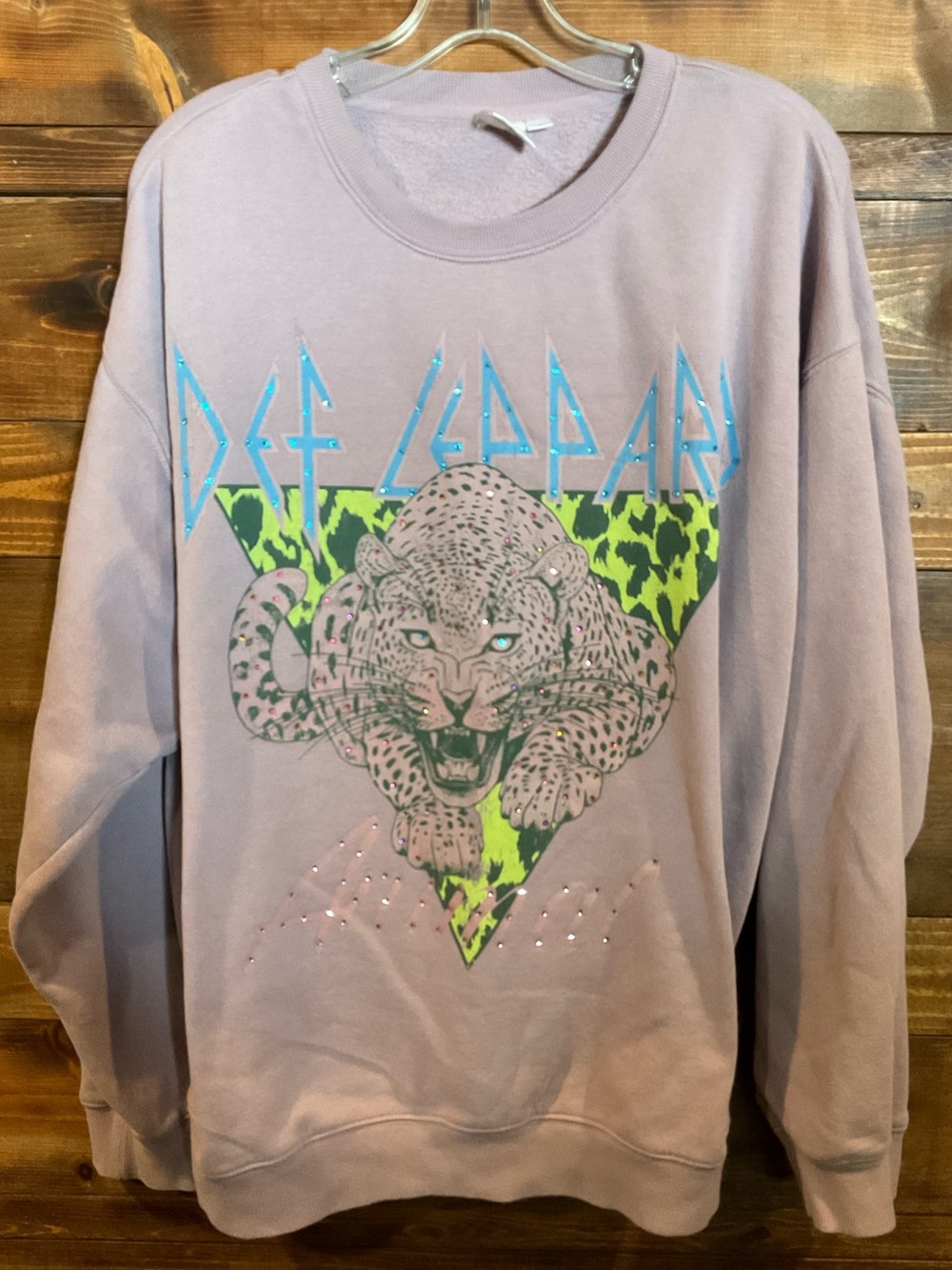 Vintage Def Leppard Pullover Sweatshirt Lavender Neon Leopard Rhinestones XLarge
